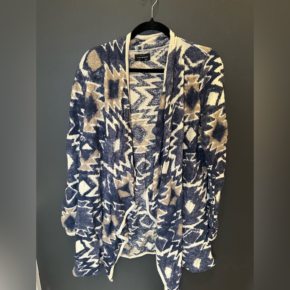 Lucky Brand |‎ Blue and Cream Aztec Patterned Cardigan | Boho Sweater | Large